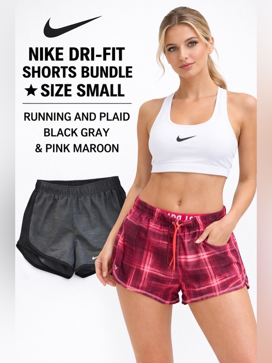 Nike Pants - Nike Dri-Fit Shorts Bundle Size Small Pink Plaid & Black Gray Running Shorts